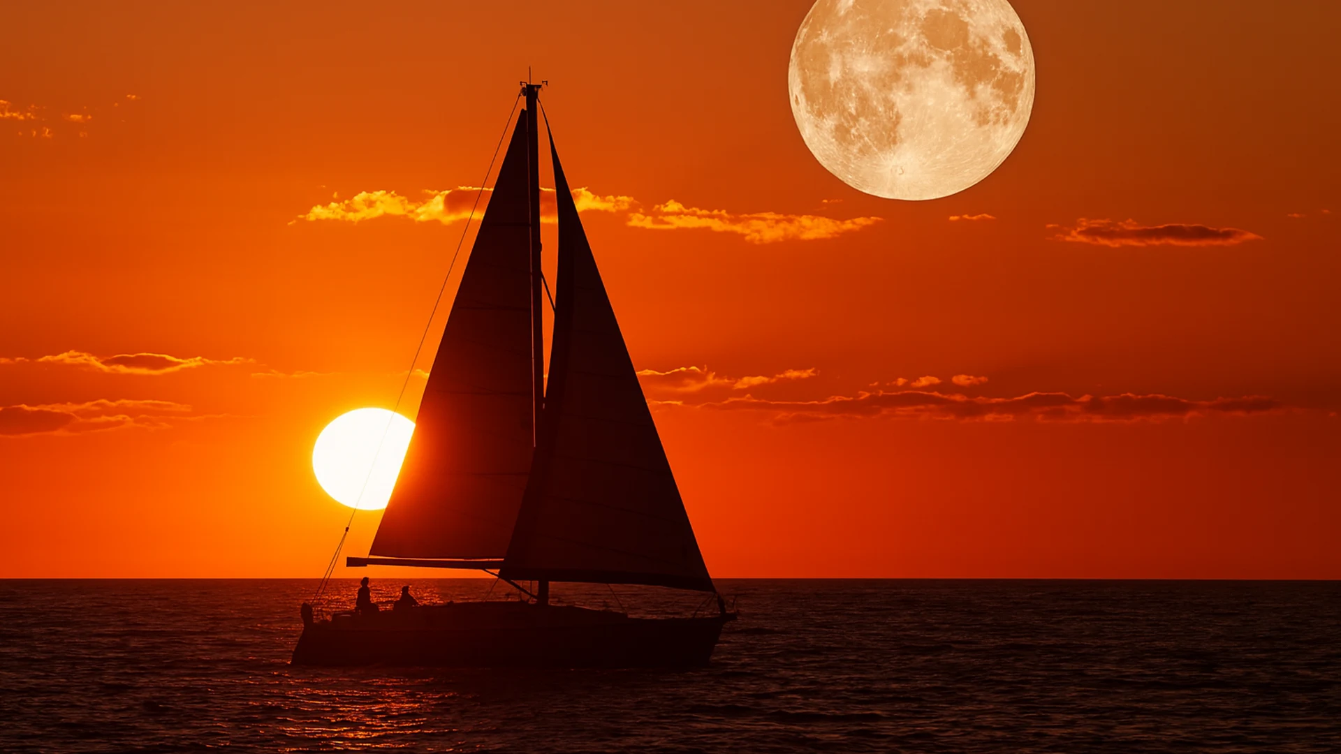 Sailboat silhouetted against the setting sun as the full moon rises